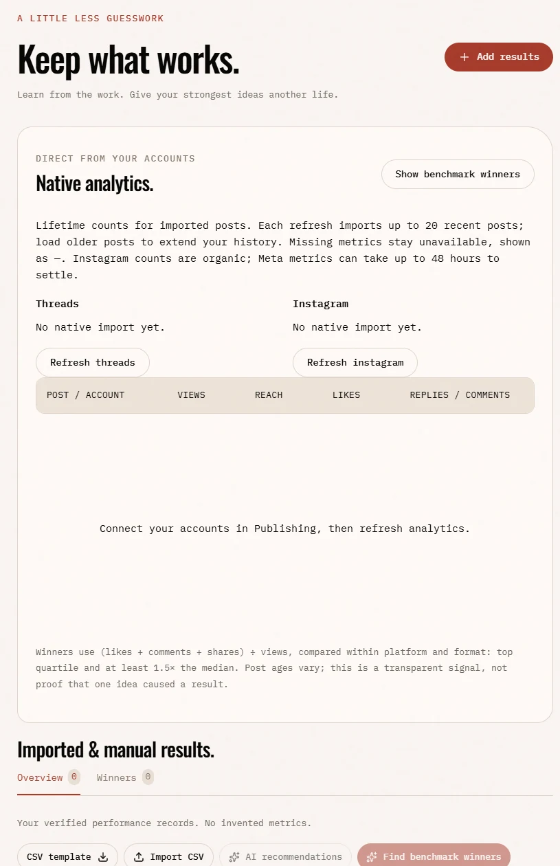 Insights: native analytics for Threads and Instagram, a results table with views, reach, likes and replies, and options to import a CSV or find benchmark winners.