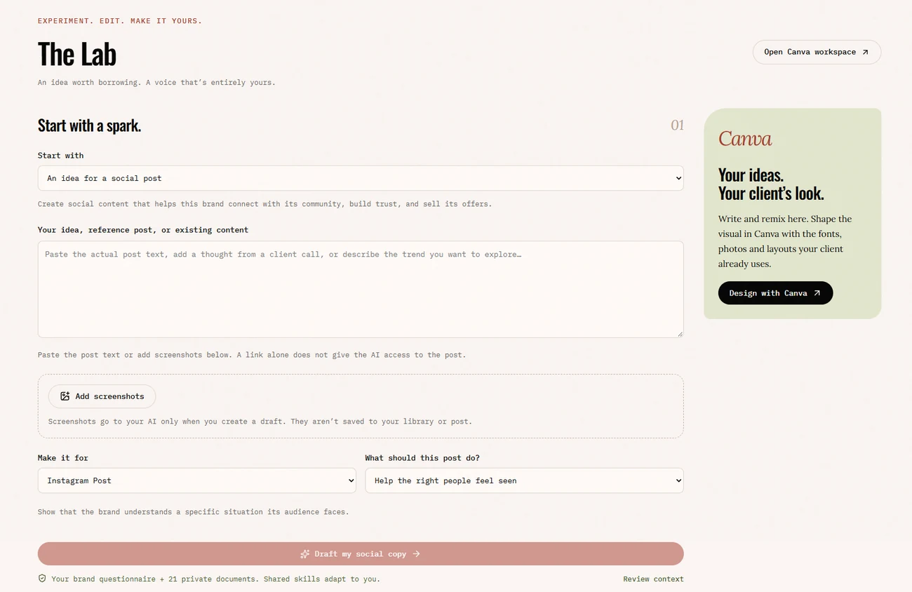 The Lab: a field for an idea or reference post, screenshot upload, channel and goal selectors, and a button to draft your social copy.